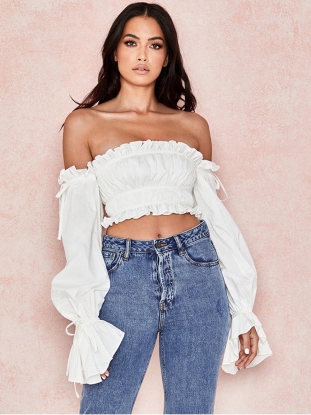 House of CB Tula Ruched Tie Off Shoulder Top White